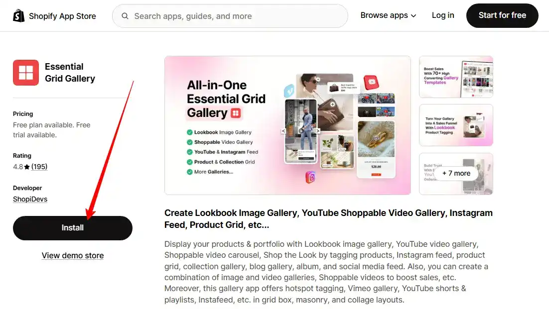 install the essential grid gallery shopify app for video carousel creation