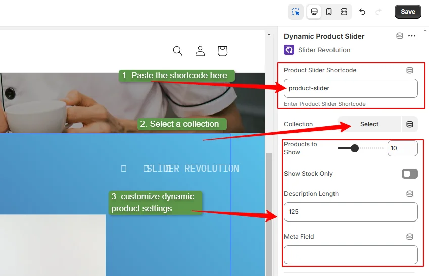 paste the dymanic product slider shortcode