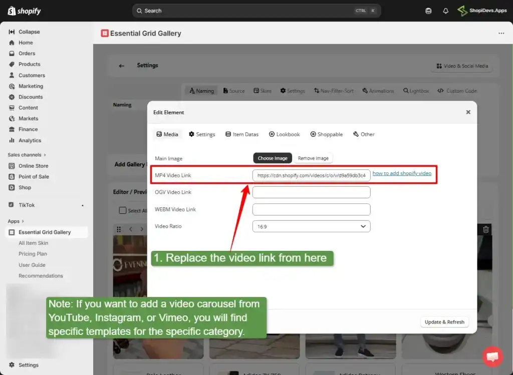 replace the video link of the video carousel