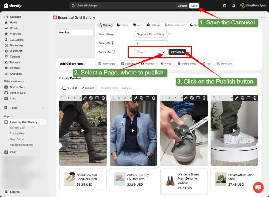 save the gallery select a page where to publish and click on the publish