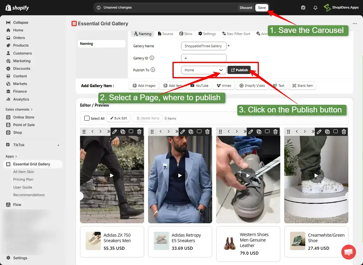 save the gallery select a page where to publish and click on the publish