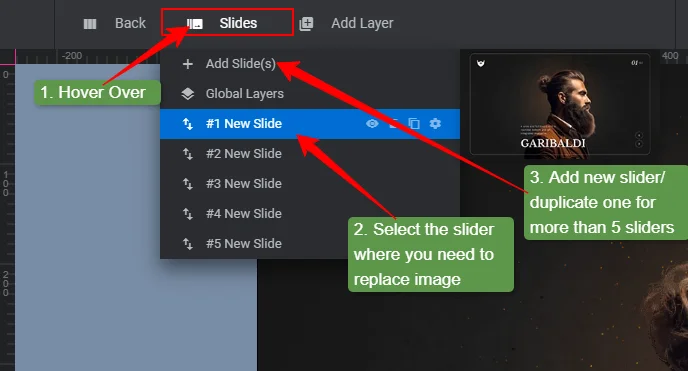 Hover over the “Sliders” and select sliders one by one to replace the image and customize settings.