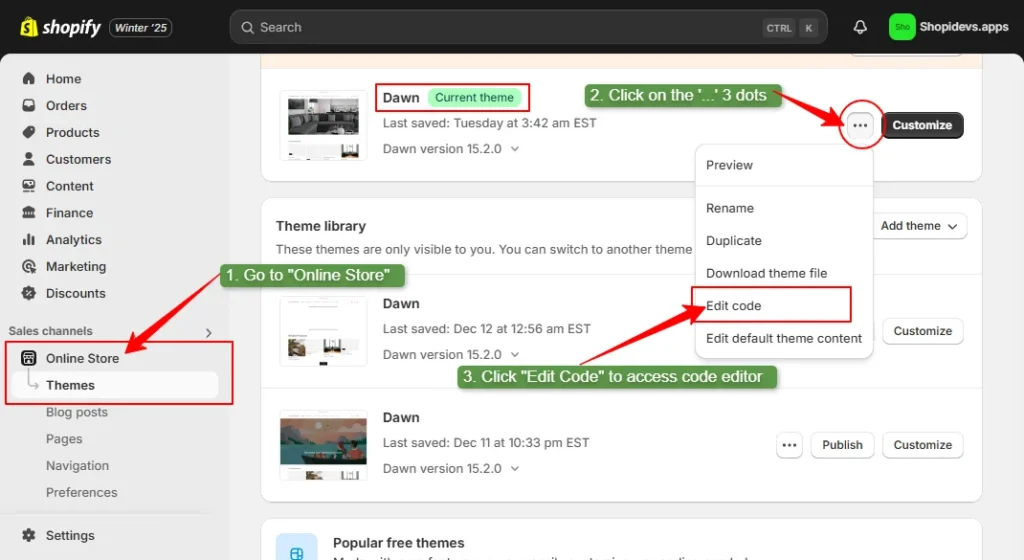 access the theme code editor on shopify