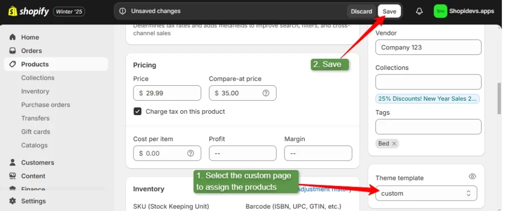 access to products and assign them to the custom template