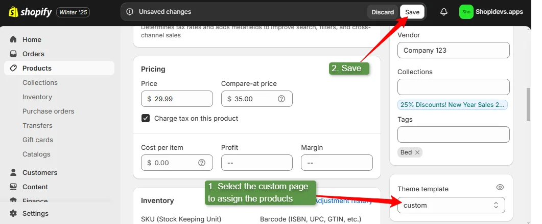 access to products and assign them to the custom template