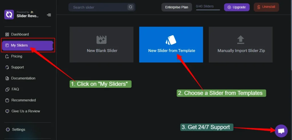 go to slider revolution app dashboard then choose a template from my sliders