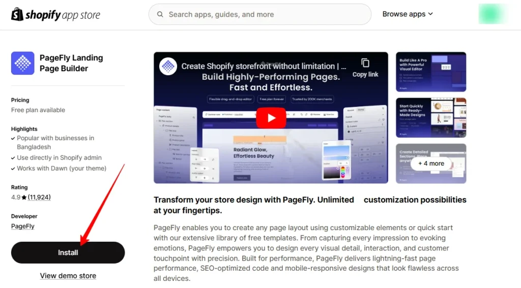 install pagefly page builder app from the shopify app