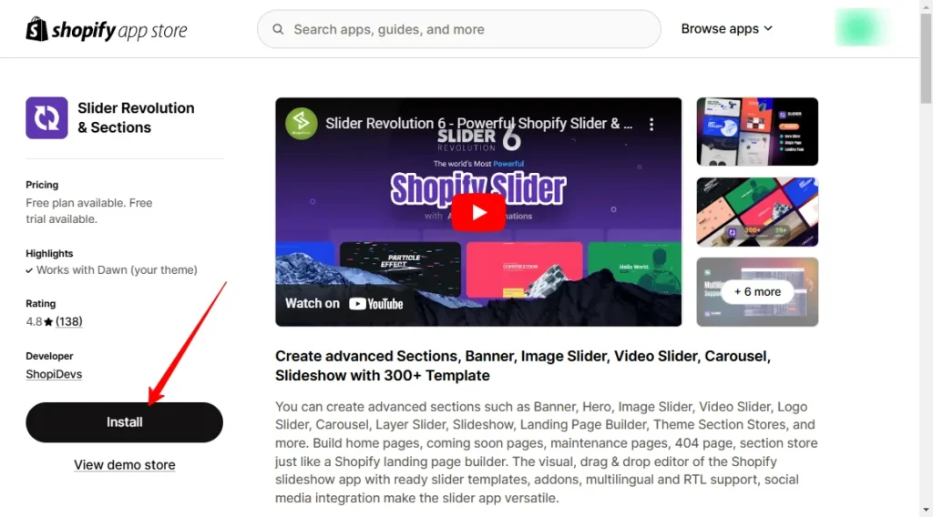 install slider revolution app from the shopify app store