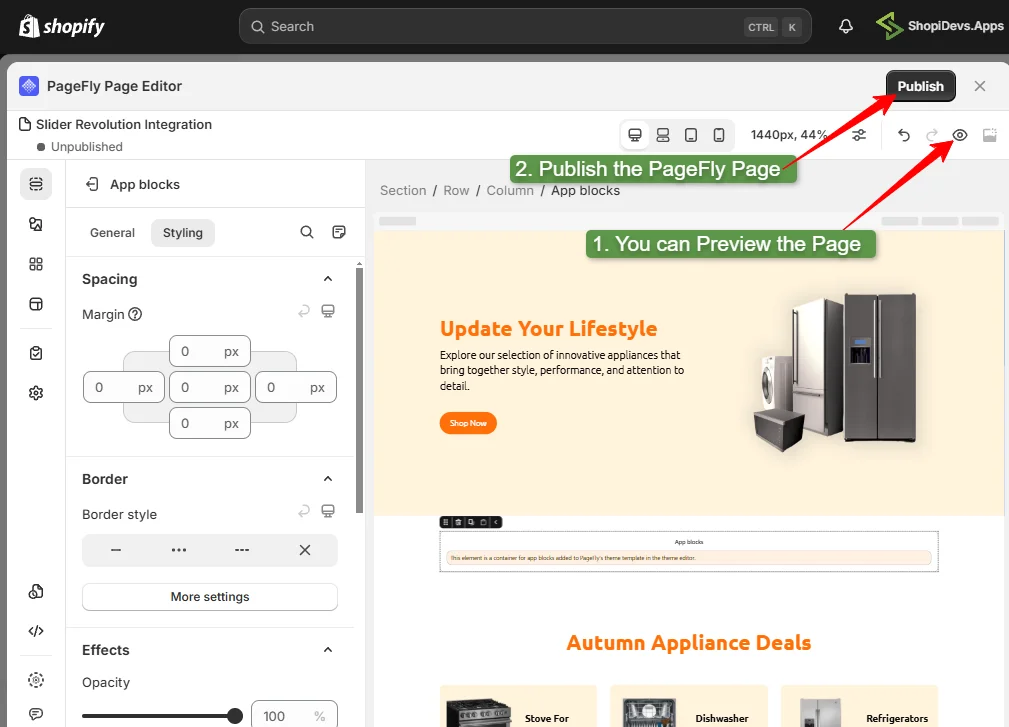 preview and publish the pagefly page on your shopify store