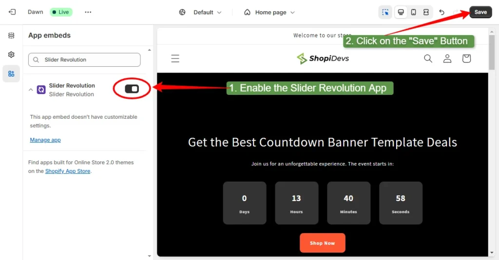 activate slider revolution app on your from the app dashboard then save it from the store