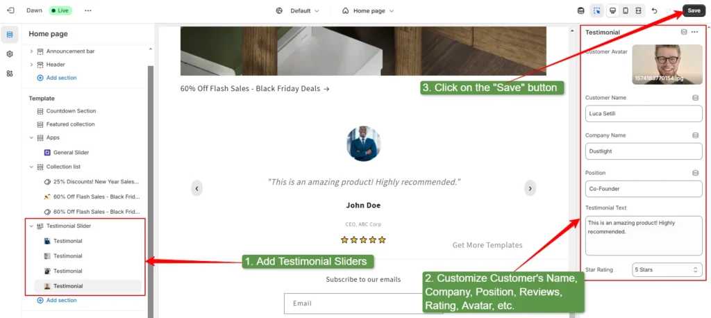 add and customize testimonials then click on the save button