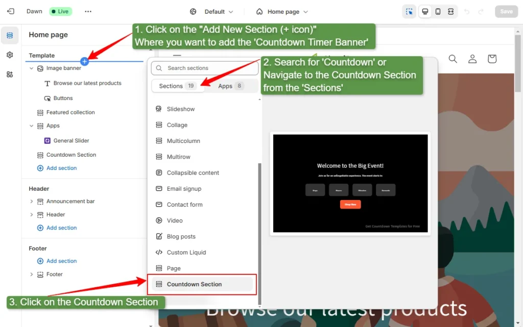 add countdown section to the shopify section theme editor