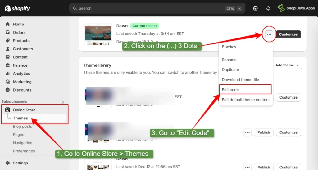 go to online store and access to theme code editor