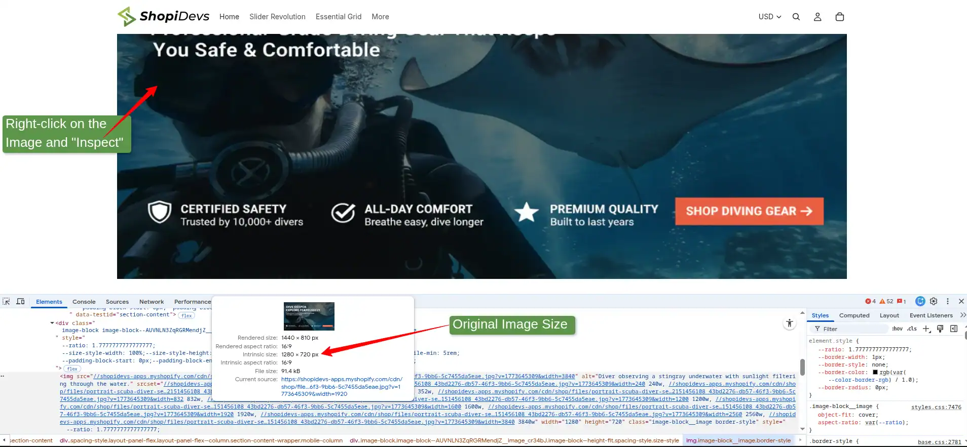 how to view the correct image size in shopify
