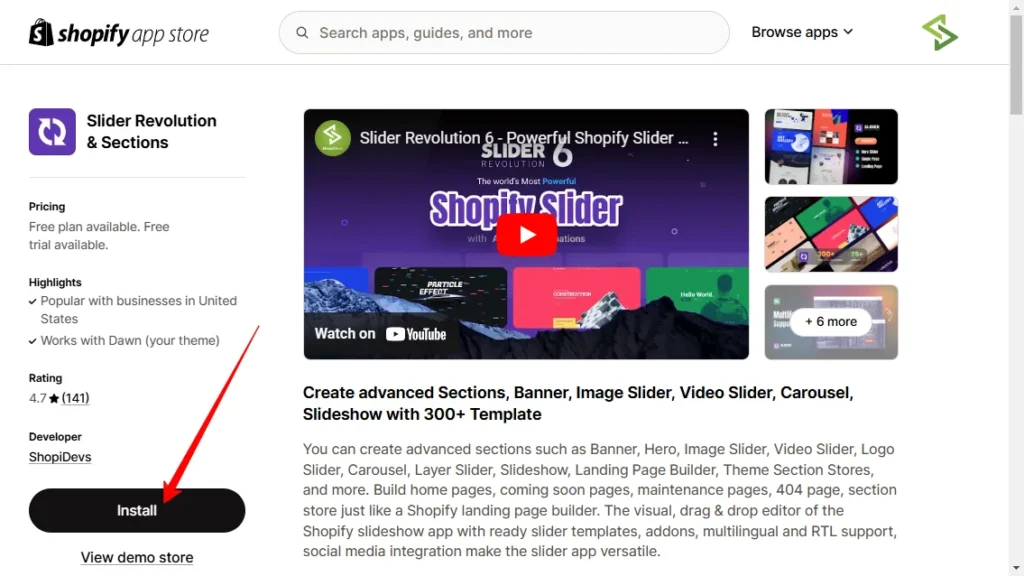 install slider revolution and section app from the shopify app store