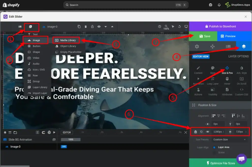 resize image with perfect size and ration with the slider revolution and section shopify app