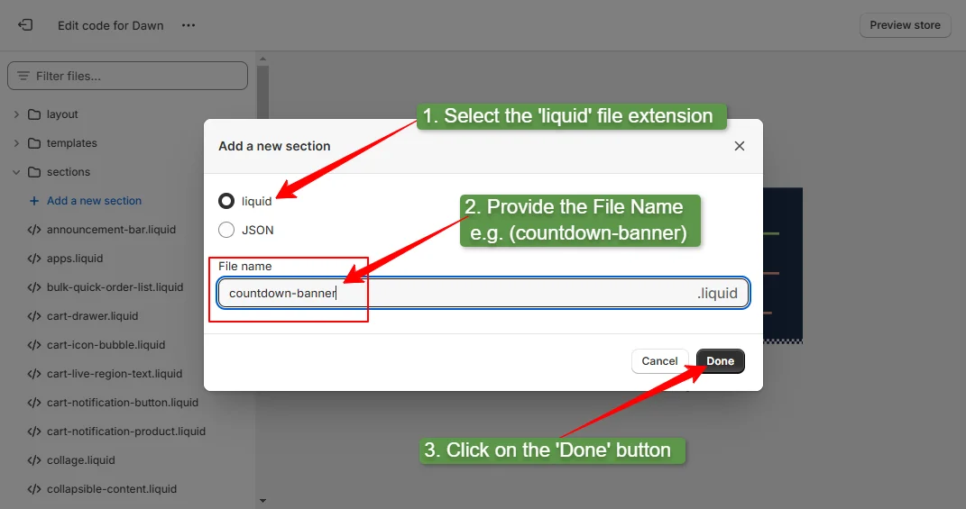 select liquid file extension then provide the file name and click on done