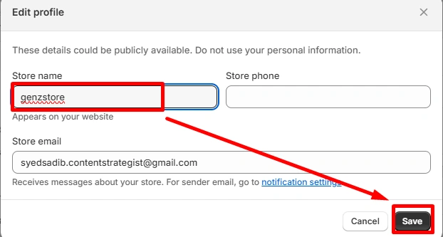Edit Store Name & Save
