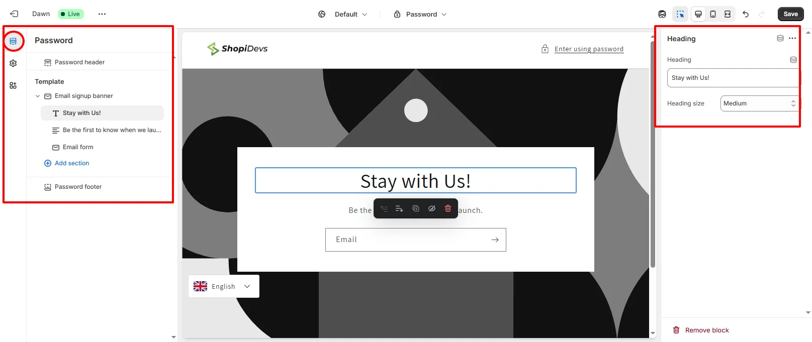 customize shopify password page sections
