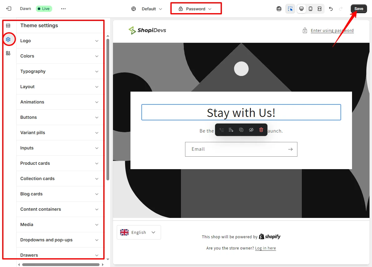 customize your password page theme settings and save
