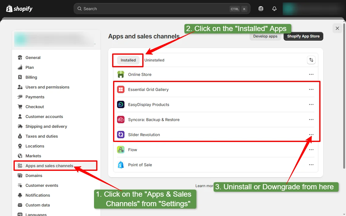 how to uninstall or downgrade from apps and sales channels