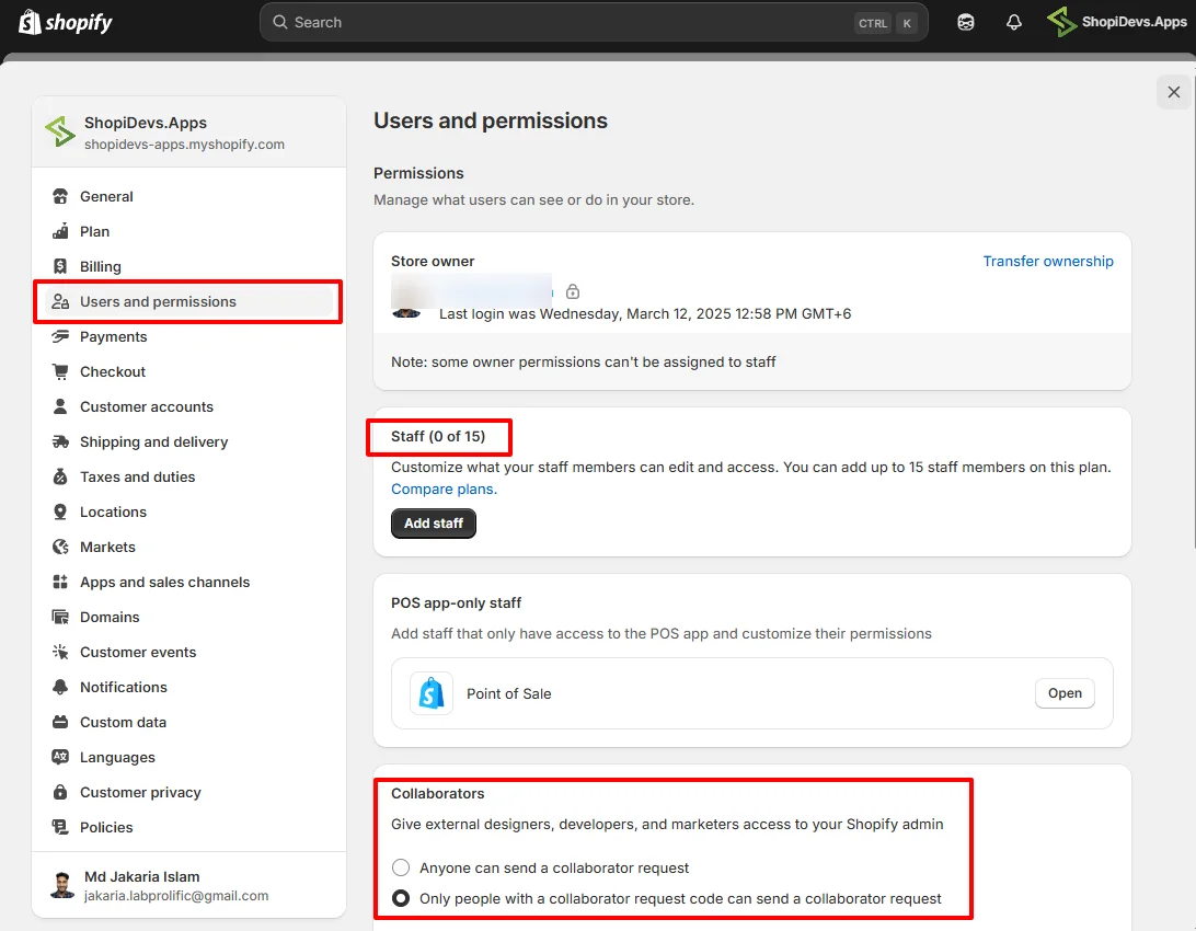 remove stuff and collaborators from users and permissions settings on shopify