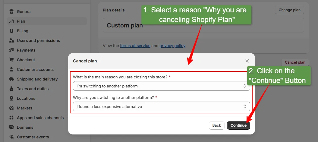 select a reason why you are canceling shopify plan