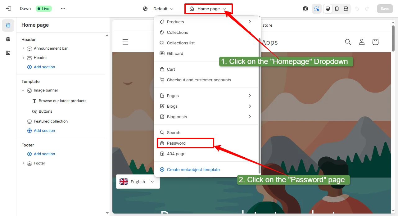 click on the homepage and select the password page from the page setting