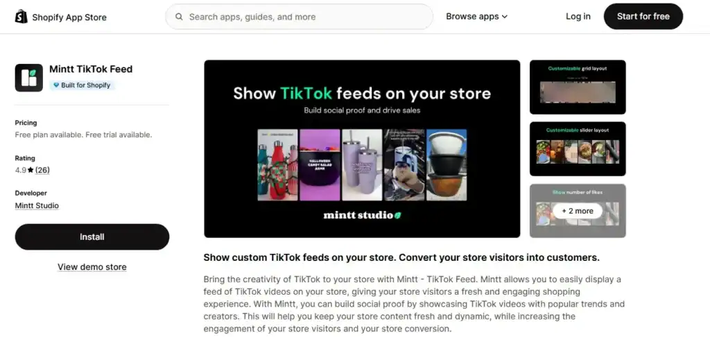 mint tiktok feed shopify gallery app for tiktok videos