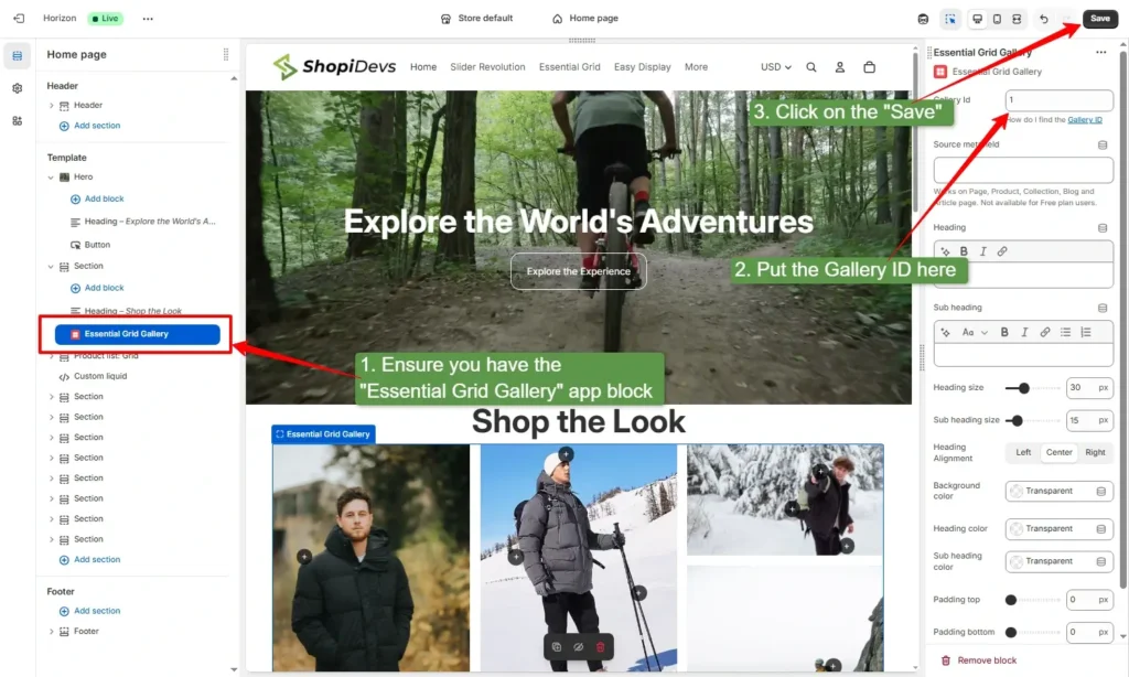 add the essential grid gallery app block to the theme editor then provide the gallery id and save