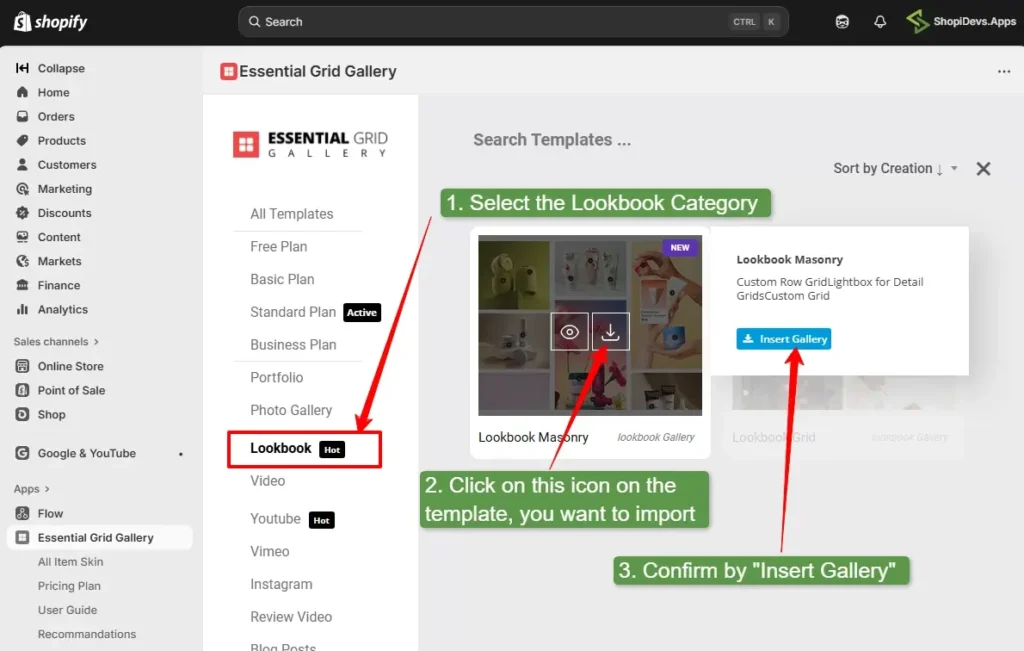 install a lookbook gallery template from the essential grid gallery app