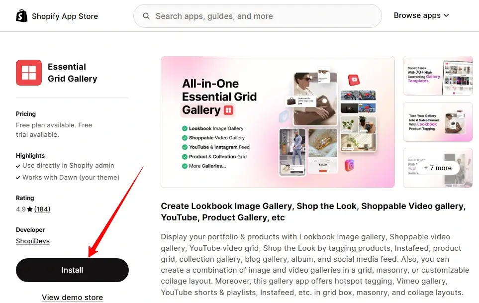 install the essential grid gallery shopify app to create lookbook gallery in shopify store