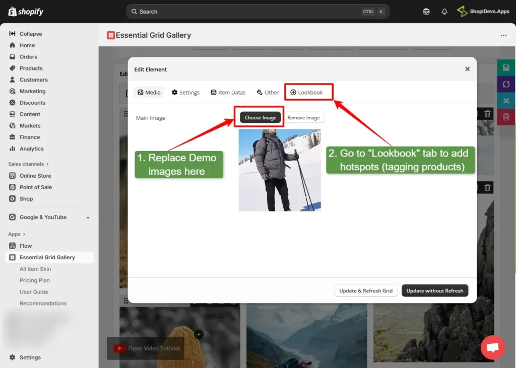 replace the demo image with your original one and go to lookbook tab