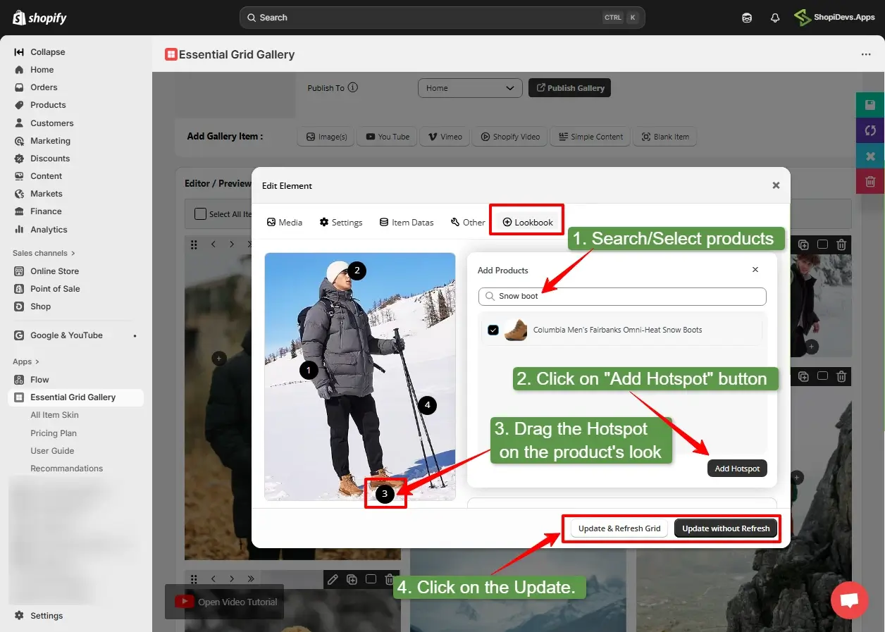 search products and set hotspot product tagging on your lookbook image