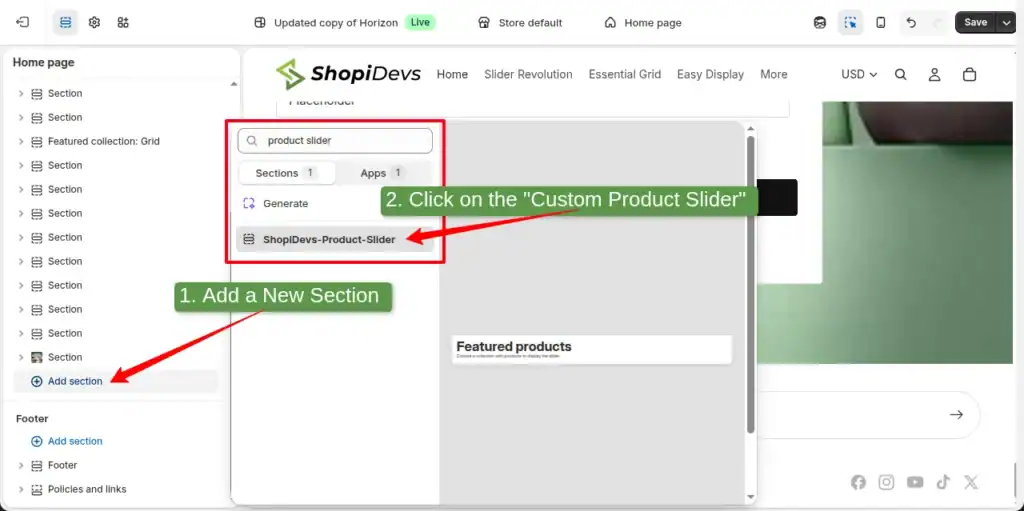 add the newly added section custom Shopify product slider