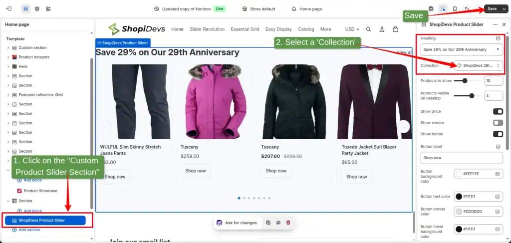 assign a collection to the custom section and customize all settings based on your preference