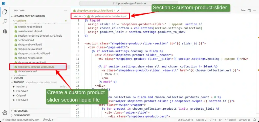create a new section using liquid code for the custom product slider section