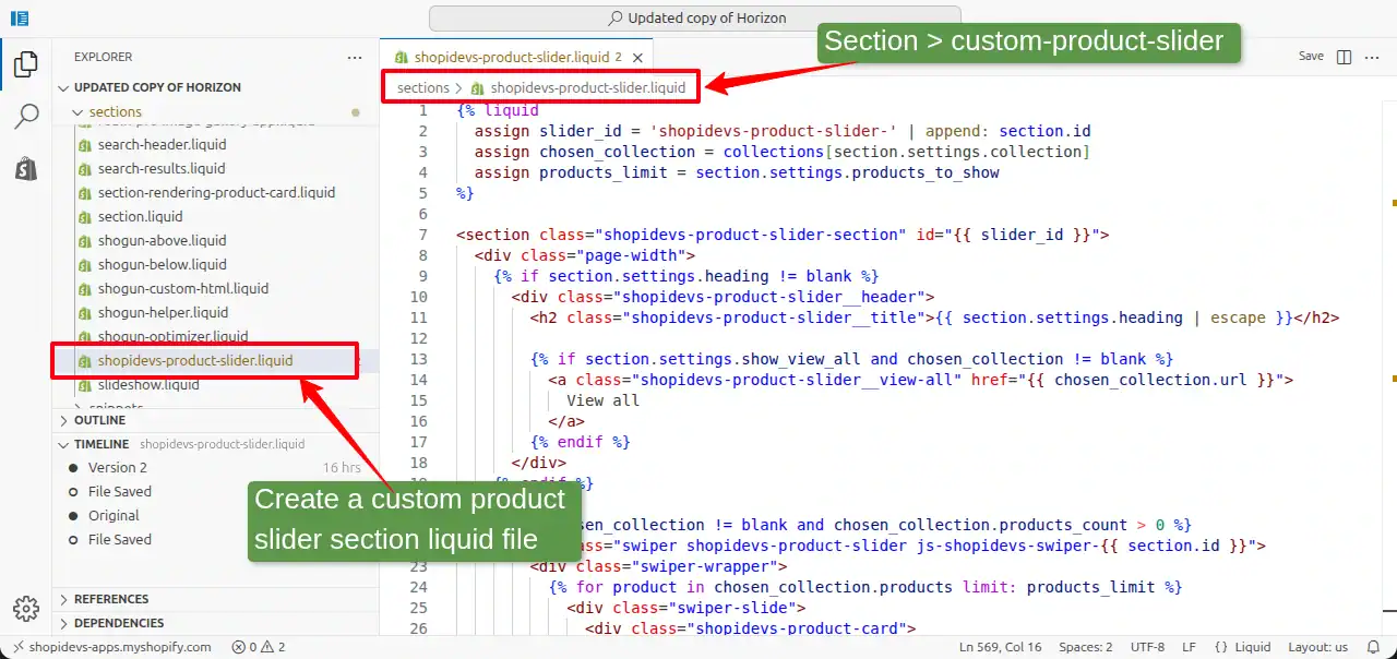 create a new section using liquid code for the custom product slider section