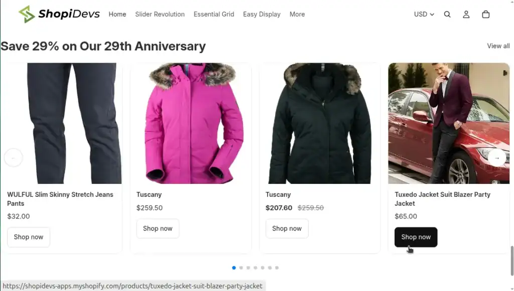 Final output of the custom product slider in the Shopify storefront