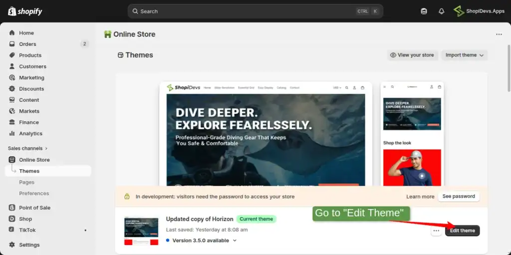 go to the theme file editor