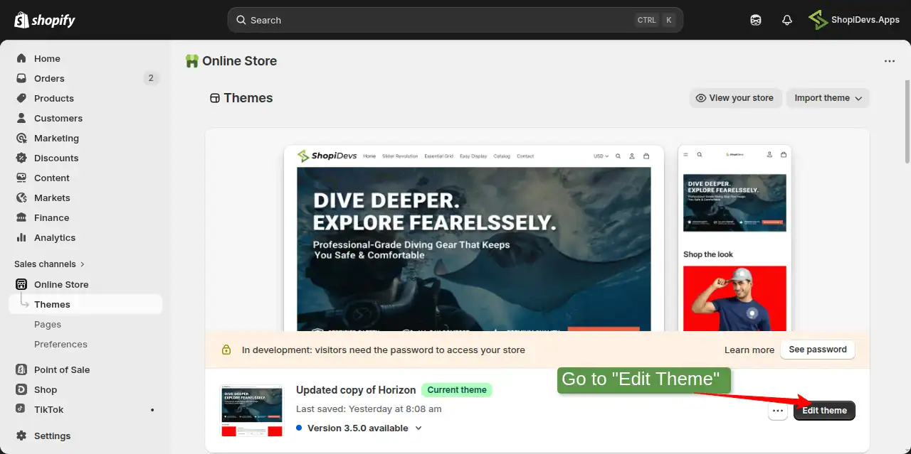 go to the theme file editor