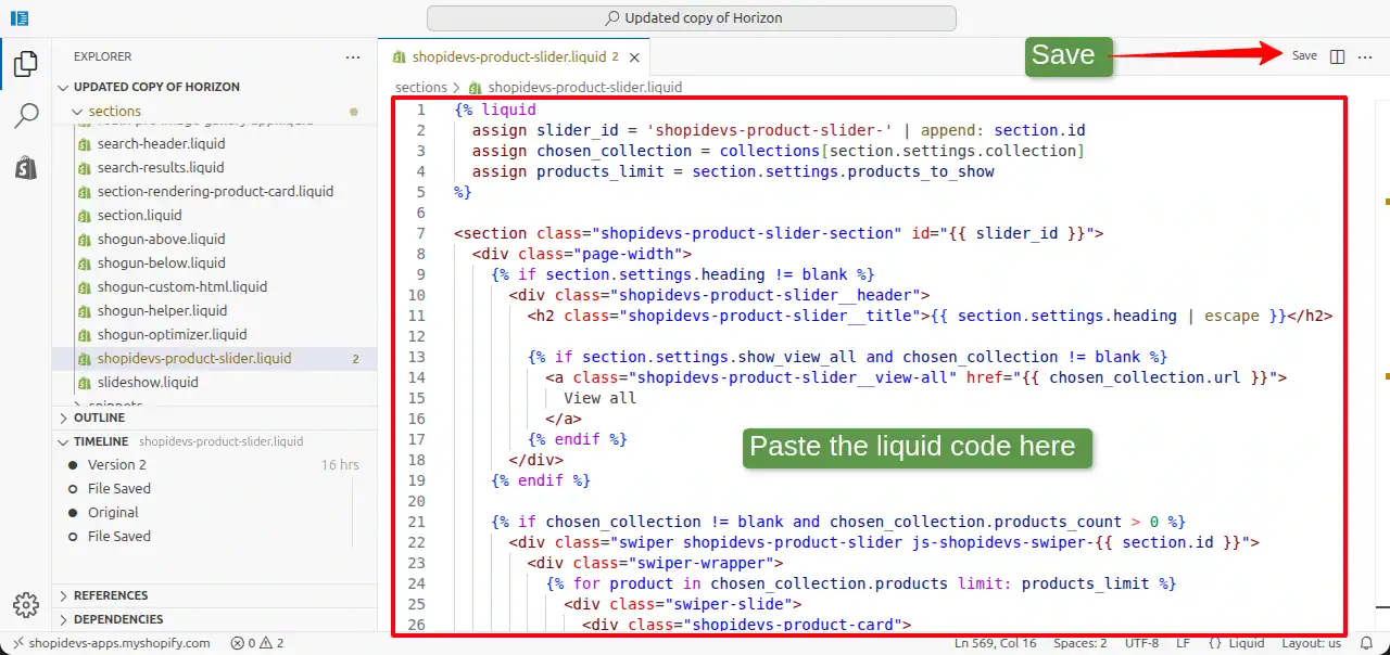 paste the custom product slider liquid code you have copied from at the step 1