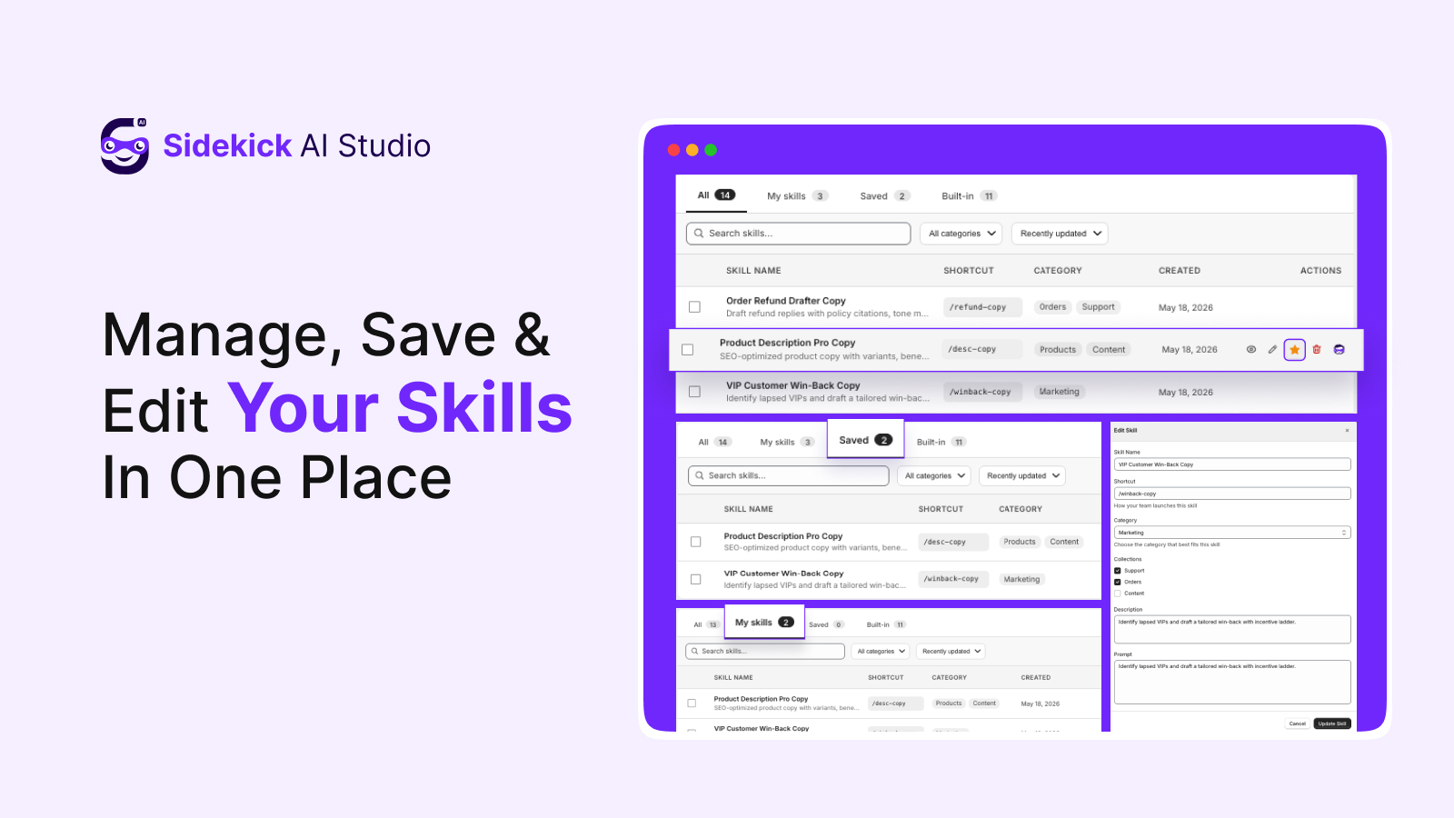 manage, save and edit your skills