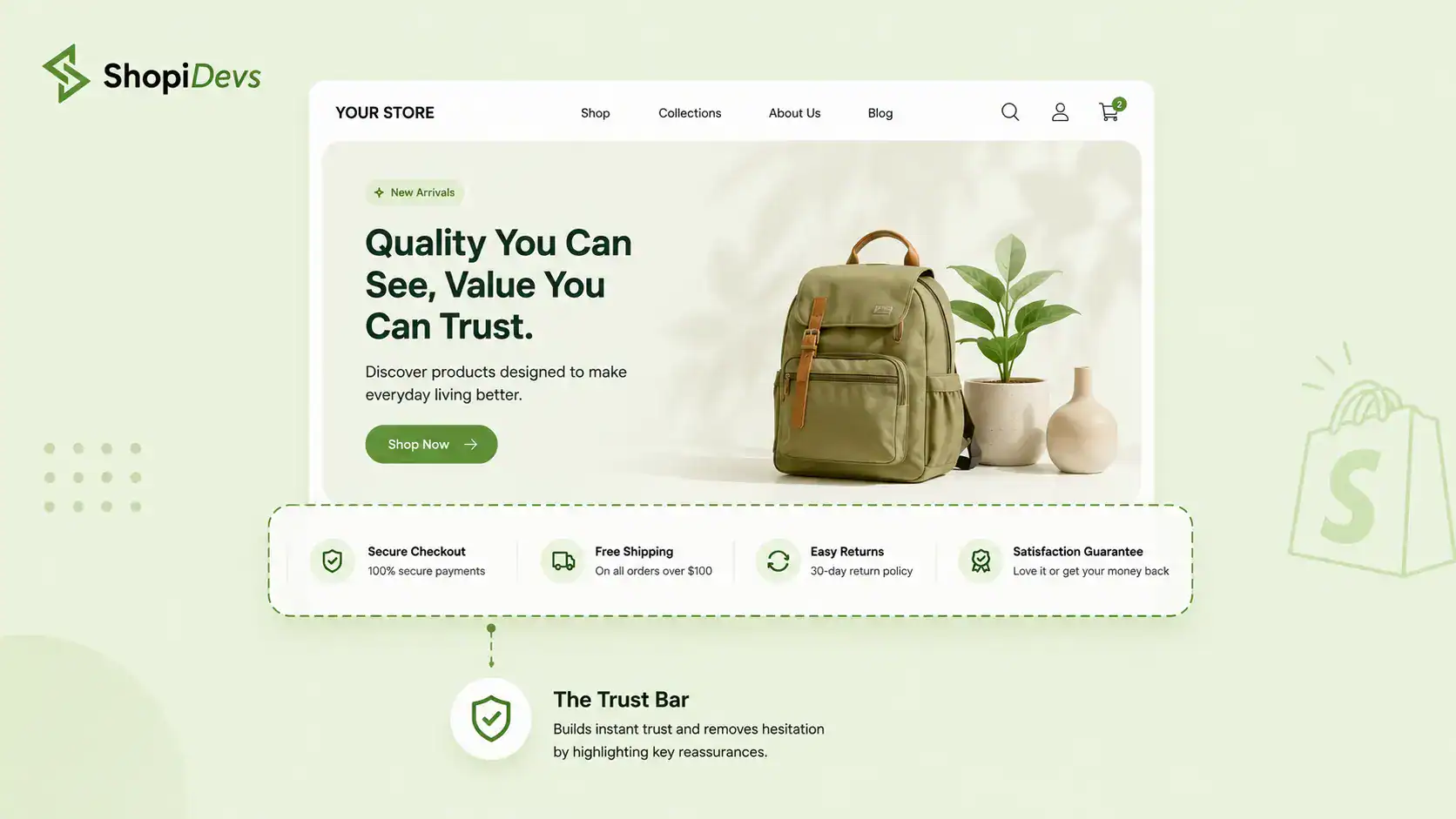 Shopify homepage layout trust bar